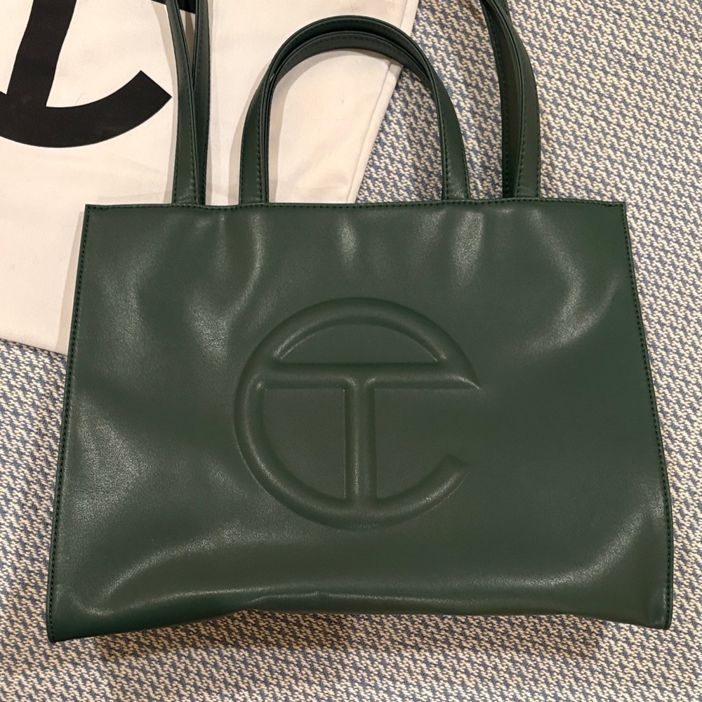 Telfar Dark Green Leather Shopping Tote with Embossed Logo